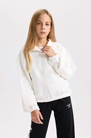DeFacto Kız Çocuk Relax Fit Çıtçıtlı Dik Yaka Basic Düz Sweatshirt D4685A824WNER99