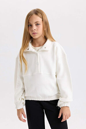 DeFacto Kız Çocuk Relax Fit Çıtçıtlı Dik Yaka Basic Düz Sweatshirt D4685A824WNER99
