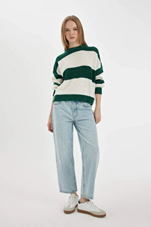 X4931 Coool Oversize Geniş Kalıp Bisiklet Yaka Çizgili Triko Kazak