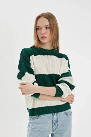 X4931 Coool Oversize Geniş Kalıp Bisiklet Yaka Çizgili Triko Kazak