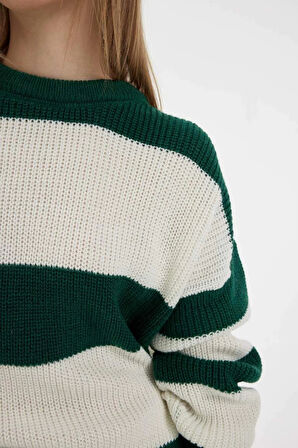 X4931 Coool Oversize Geniş Kalıp Bisiklet Yaka Çizgili Triko Kazak