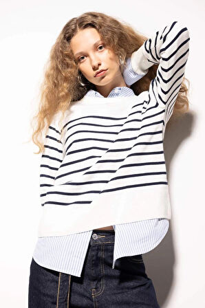 Z1317 Regular Fit Bisiklet Yaka Çizgili Kazak