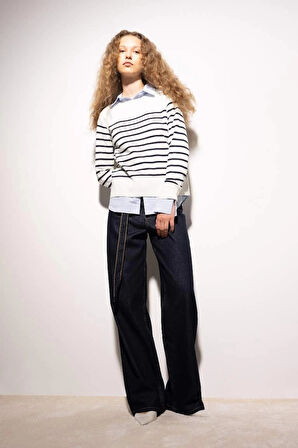 Z1317 Regular Fit Bisiklet Yaka Çizgili Kazak