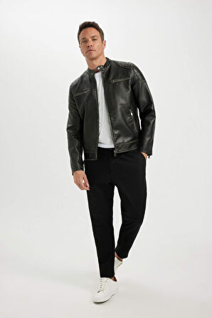 DeFacto Slim Fit Dik Yaka Astarlı Suni Deri Ceket Mont C6965AX24AUBK27