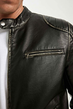 DeFacto Slim Fit Dik Yaka Astarlı Suni Deri Ceket Mont C6965AX24AUBK27