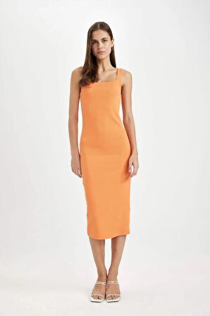 DeFacto Bodycon Vücuda Oturan Basic Düz Kare Yaka Fitilli Kaşkorse Kolsuz Midi Elbise Z7577AZ24SMOG302