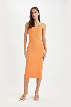 DeFacto Bodycon Vücuda Oturan Basic Düz Kare Yaka Fitilli Kaşkorse Kolsuz Midi Elbise Z7577AZ24SMOG302