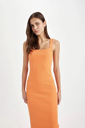 DeFacto Bodycon Vücuda Oturan Basic Düz Kare Yaka Fitilli Kaşkorse Kolsuz Midi Elbise Z7577AZ24SMOG302