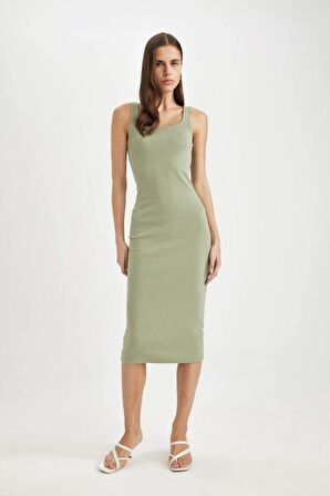 DeFacto Bodycon Vücuda Oturan Basic Düz Kare Yaka Fitilli Kaşkorse Kolsuz Midi Elbise Z7577AZ24SMGN701