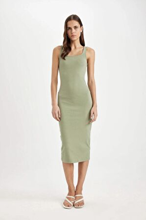 DeFacto Bodycon Vücuda Oturan Basic Düz Kare Yaka Fitilli Kaşkorse Kolsuz Midi Elbise Z7577AZ24SMGN701