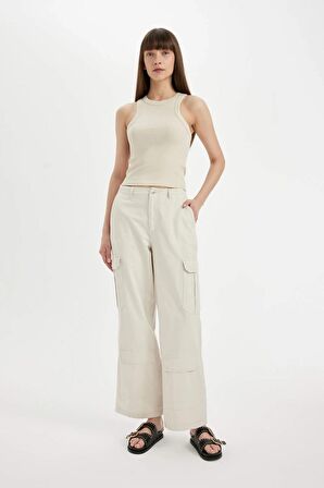 DeFacto Gabardin Pantolon Wide Leg Geniş Bol Paça Kargo Cepli Normal Bel Basic Düz Standart Boy C5974AX24SPBG802