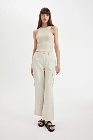 DeFacto Gabardin Pantolon Wide Leg Geniş Bol Paça Kargo Cepli Normal Bel Basic Düz Standart Boy C5974AX24SPBG802