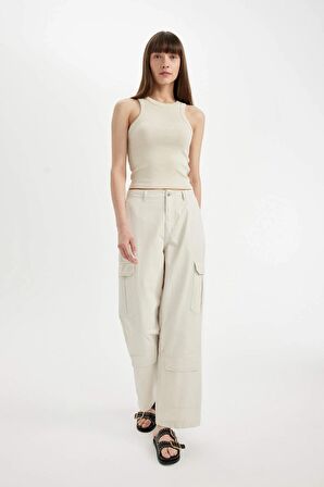 DeFacto Gabardin Pantolon Wide Leg Geniş Bol Paça Kargo Cepli Normal Bel Basic Düz Standart Boy C5974AX24SPBG802
