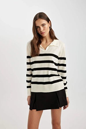 A1249 Regular Fit Polo Yaka Çizgili Kazak