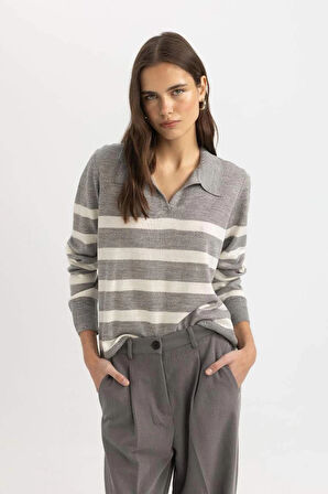 A1249 Regular Fit Polo Yaka Çizgili Kazak