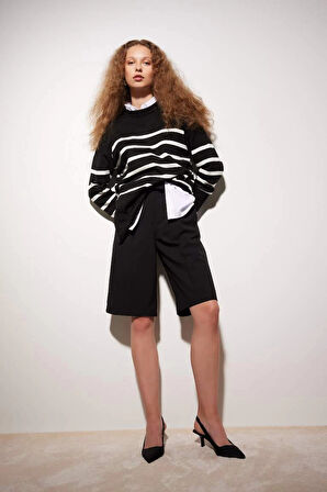 S7517 Relax Fit Yumuşak Dokulu Çizgili Bisiklet Yaka Kazak Tunik