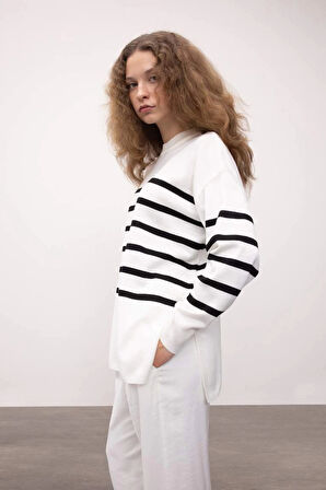 S7517 Relax Fit Çizgili Triko Tunik Kazak