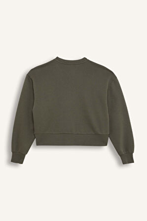 Kadın Boxy Fit Bisiklet Yaka Kalın Basic Düz Sweatshirt