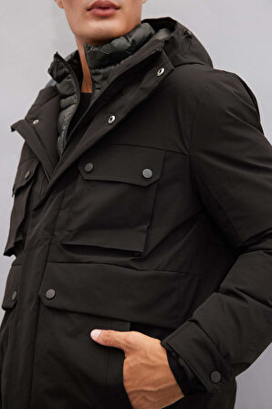 Su İtici Slim Fit Mont Dar Kesim Kapüşonlu Fermuarlı Çıtçıt Kapamalı Cepli