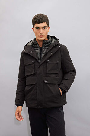 DeFacto Su İtici Slim Fit Mont Dar Kesim Kapüşonlu Fermuarlı Çıtçıt Kapamalı Cepli C7443AX24WNBK27