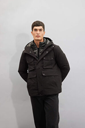 Su İtici Slim Fit Mont Dar Kesim Kapüşonlu Fermuarlı Çıtçıt Kapamalı Cepli