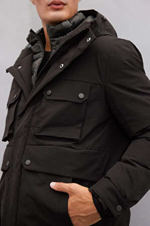 Su İtici Slim Fit Mont Dar Kesim Kapüşonlu Fermuarlı Çıtçıt Kapamalı Cepli