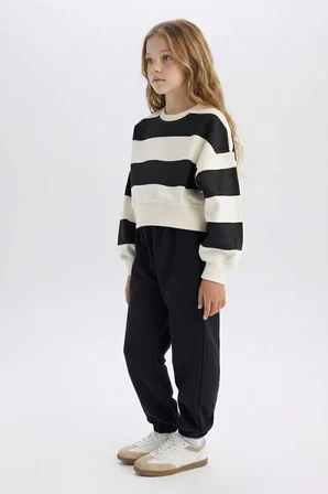 DeFacto Kız Çocuk 2'li Takım Çizgili Bisiklet Yaka Sweatshirt Beli Lastikli Jogger Eşofman Altı D4091A824WNBK26