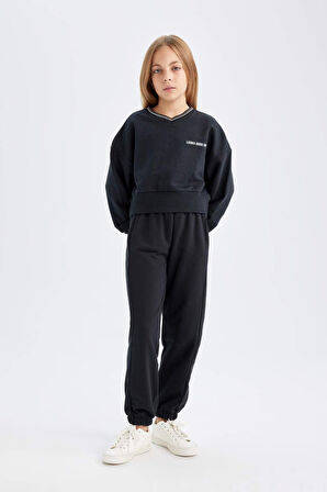 DeFacto Kız Çocuk 2'li Takım Baskılı Bisiklet Yaka Sweatshirt Beli Lastikli Jogger Eşofman Altı D4054A824WNBK26