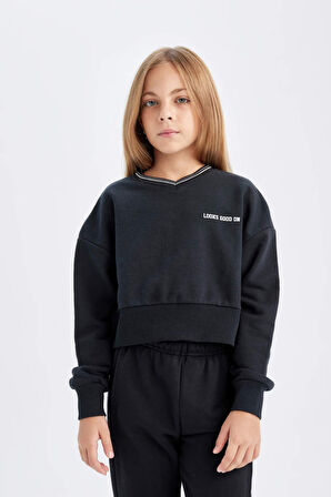 DeFacto Kız Çocuk 2'li Takım Baskılı Bisiklet Yaka Sweatshirt Beli Lastikli Jogger Eşofman Altı D4054A824WNBK26