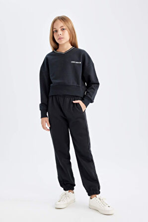 DeFacto Kız Çocuk 2'li Takım Baskılı Bisiklet Yaka Sweatshirt Beli Lastikli Jogger Eşofman Altı D4054A824WNBK26