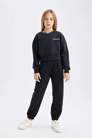 DeFacto Kız Çocuk 2'li Takım Baskılı Bisiklet Yaka Sweatshirt Beli Lastikli Jogger Eşofman Altı D4054A824WNBK26