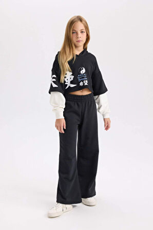 DeFacto Kız Çocuk 2'li Takım Bisiklet Yaka Baskılı Sweatshirt Beli Lastikli Jogger Eşofman Altı D4066A824WNBK26