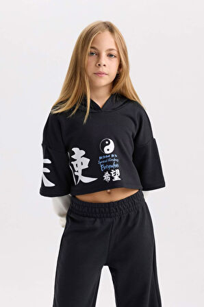 DeFacto Kız Çocuk 2'li Takım Bisiklet Yaka Baskılı Sweatshirt Beli Lastikli Jogger Eşofman Altı D4066A824WNBK26