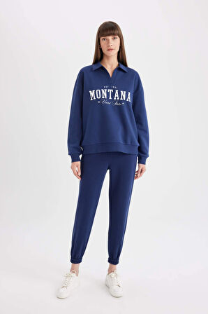 DeFacto Relax Fit Polo Yaka Baskılı Kalın Sweatshirt D5296AX24AUNV31