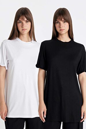 DeFacto Regular Fit Kısa Kollu 2'li Basic Düz Tişört Tunik D5479AXNSBK21
