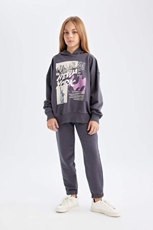 DeFacto Kız Çocuk 2'li Takım Bisiklet Yaka Baskılı Sweatshirt Beli Lastikli Jogger Eşofman Altı D4057A824WNAR150