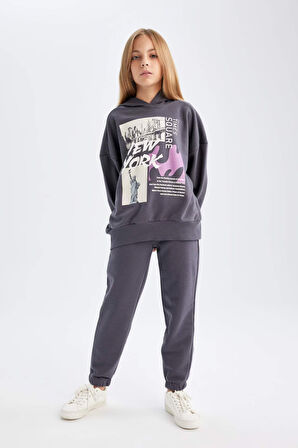 DeFacto Kız Çocuk 2'li Takım Bisiklet Yaka Baskılı Sweatshirt Beli Lastikli Jogger Eşofman Altı D4057A824WNAR150