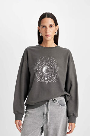 DeFacto Relax Fit Bisiklet Yaka Baskılı İnce Sweatshirt D5925AX24AUAR5
