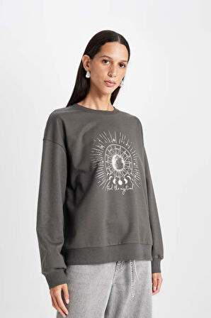 DeFacto Relax Fit Bisiklet Yaka Baskılı İnce Sweatshirt D5925AX24AUAR5