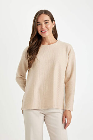 DeFacto Relax Fit Bisiklet Yaka Fitilli Kaşkorse Yırtmaçlı Basic Düz Sweatshirt B2205AX24AUBG303