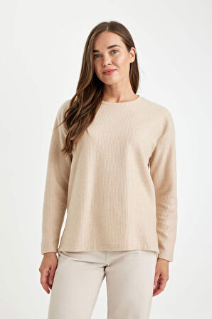 DeFacto Relax Fit Bisiklet Yaka Fitilli Kaşkorse Yırtmaçlı Basic Düz Sweatshirt B2205AX24AUBG303