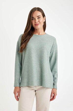 DeFacto Relax Fit Bisiklet Yaka Fitilli Kaşkorse Yırtmaçlı Basic Düz Sweatshirt B2205AX24AUGN559