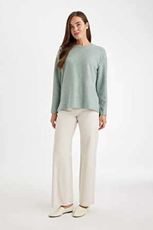 DeFacto Relax Fit Bisiklet Yaka Fitilli Kaşkorse Yırtmaçlı Basic Düz Sweatshirt B2205AX24AUGN559