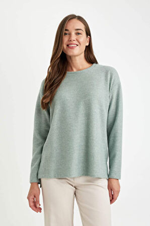 DeFacto Relax Fit Bisiklet Yaka Fitilli Kaşkorse Yırtmaçlı Basic Düz Sweatshirt B2205AX24AUGN559