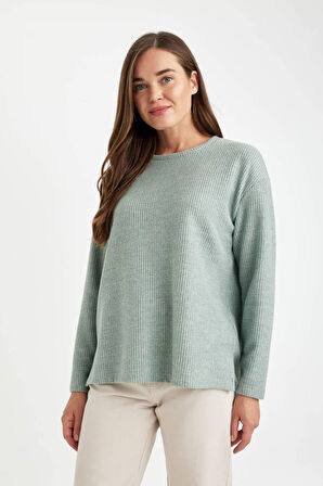 DeFacto Relax Fit Bisiklet Yaka Fitilli Kaşkorse Yırtmaçlı Basic Düz Sweatshirt B2205AX24AUGN559