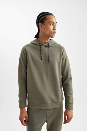DeFacto Haki DeFactoFit Standart Fit Kapüşonlu Skuba Dalgıç Kumaş Sporcu Sweatshirt C0482AX24AUKH398