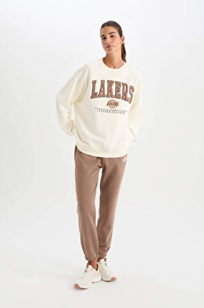 DeFactoFit NBA Los Angeles Lakers Oversize Fit Bisiklet Yaka Kalın Kumaş Sweatshirt