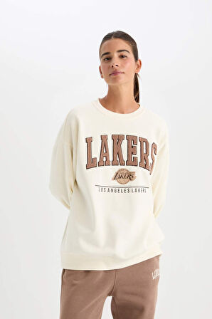 DeFactoFit NBA Los Angeles Lakers Oversize Fit Bisiklet Yaka Kalın Kumaş Sweatshirt