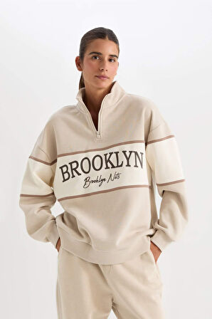 DeFactoFit NBA Brooklyn Nets Oversize Geniş Kalıp Dik Yaka Kalın Kumaş Sweatshirt