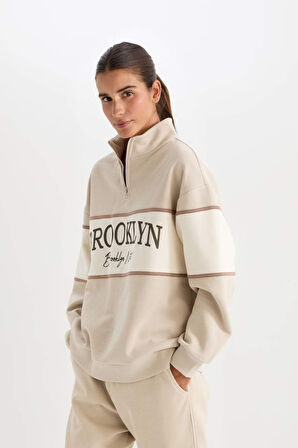 DeFactoFit NBA Brooklyn Nets Oversize Geniş Kalıp Dik Yaka Kalın Kumaş Sweatshirt
